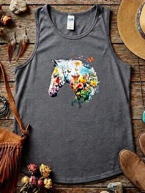 Floral Horse Tank Top • Boho Western Sleeveless Shirt • Colorful Butterfly Horse